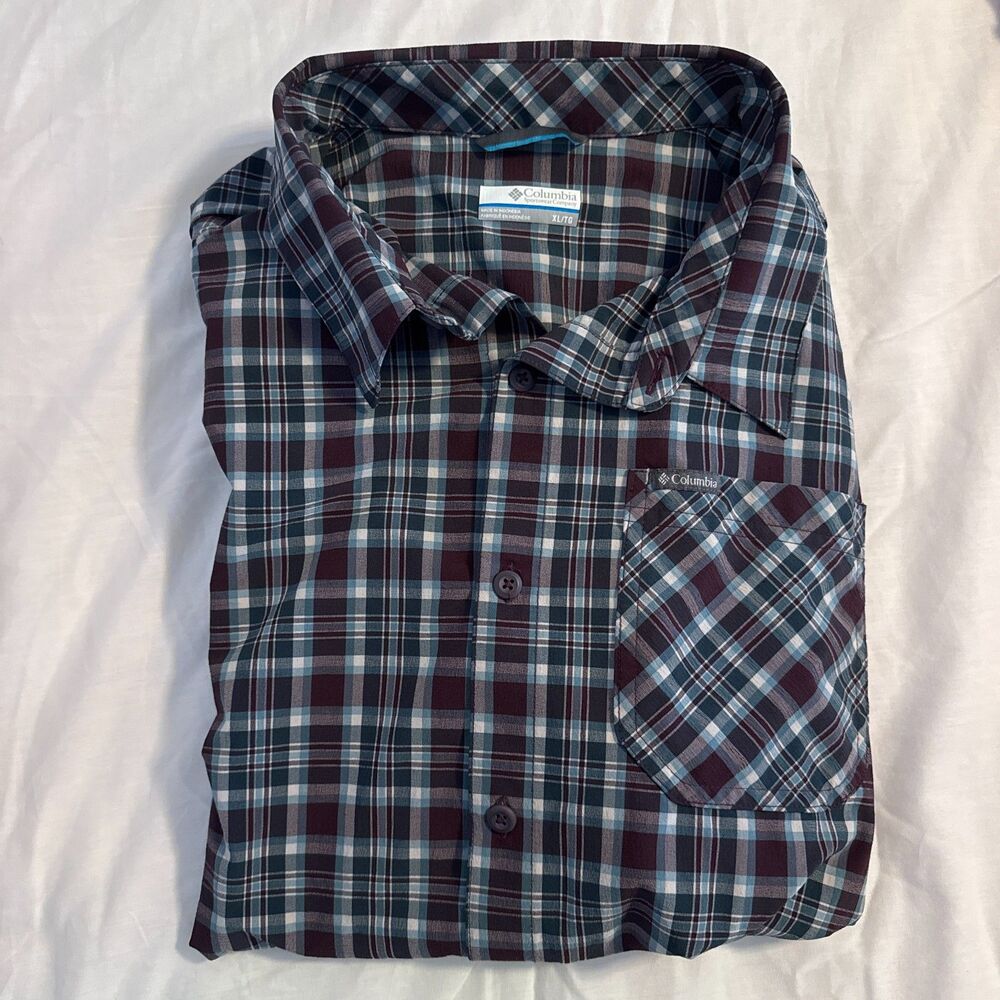 Mens XL Columbia Performance Maroon/Green/Blue Plaid Long Sleeve Button Down EUC